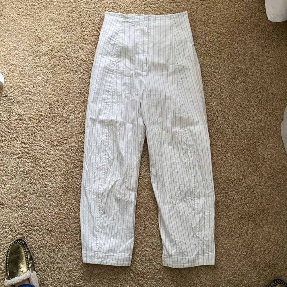 Creatures of Comfort- Highwaisted Ivory Trousers with pale Thin Blue Pinstripes - Picture 5 of 6